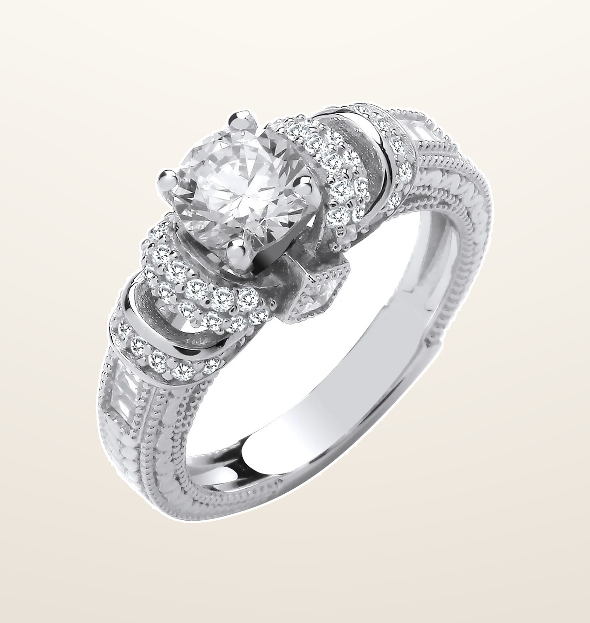IT_ROLE:presentation_crop | Silver Vintage Look, Milgrain Shank Solitaire Cubic Zirconia Ring