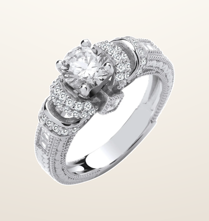 IT_ROLE:presentation_crop | Silver Vintage Look, Milgrain Shank Solitaire Cubic Zirconia Ring