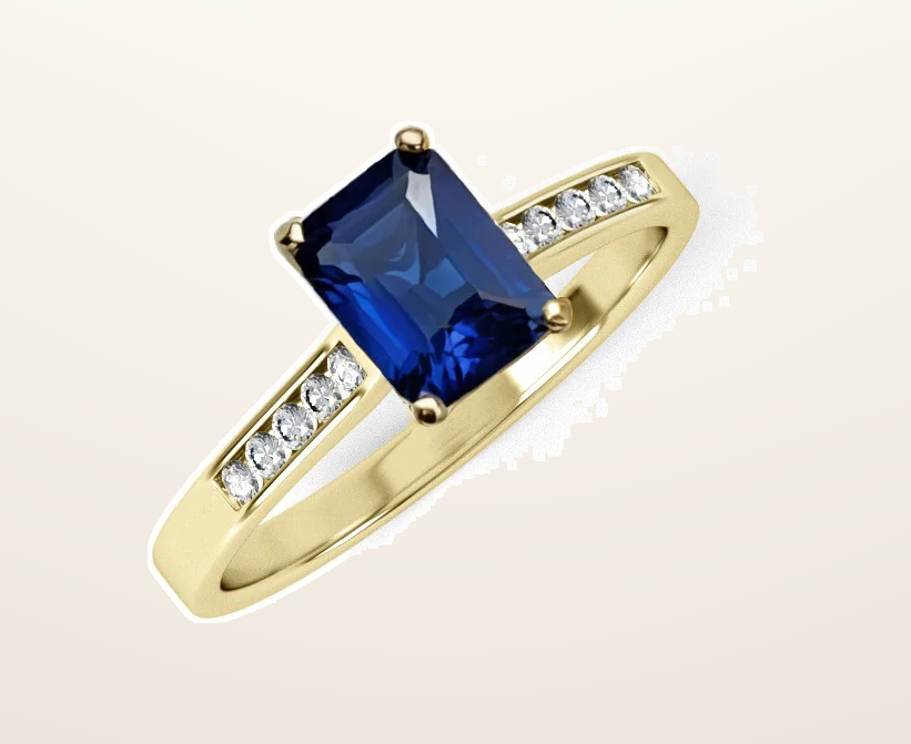 IT_ROLE:presentation_crop | Yellow Gold Emerald Cut Blue Cubic Zirconia Ladies Ring