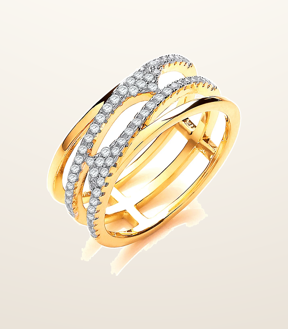 IT_ROLE:presentation_crop | Yellow Gold Coated Silver, Three Row, Micro Pave Cubic Zirconia Ring