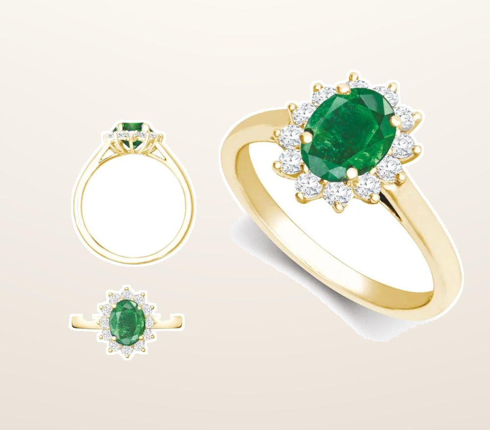 IT_ROLE:presentation_crop | 18ct Yellow Gold 0.35ct Natural Diamond Claw-set Cluster Halo Oval Ring - Holds 7x5mm Aquamarine 0.75cts