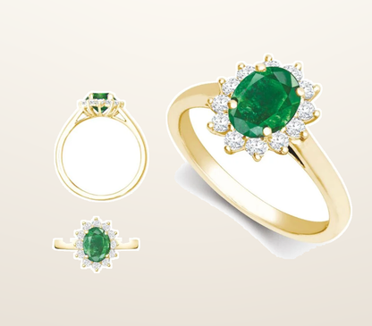 IT_ROLE:presentation_crop | 18ct Yellow Gold 0.35ct Natural Diamond Claw-set Cluster Halo Oval Ring - Holds 7x5mm Aquamarine 0.75cts