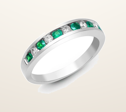 IT_ROLE:presentation_crop | 18ct White Gold Natural Diamond And Emerald Channel Set Half Eternity