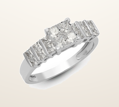 IT_ROLE:presentation_crop | 18ct White 1.18ct Princess Cut Natural Diamond Cluster Ring