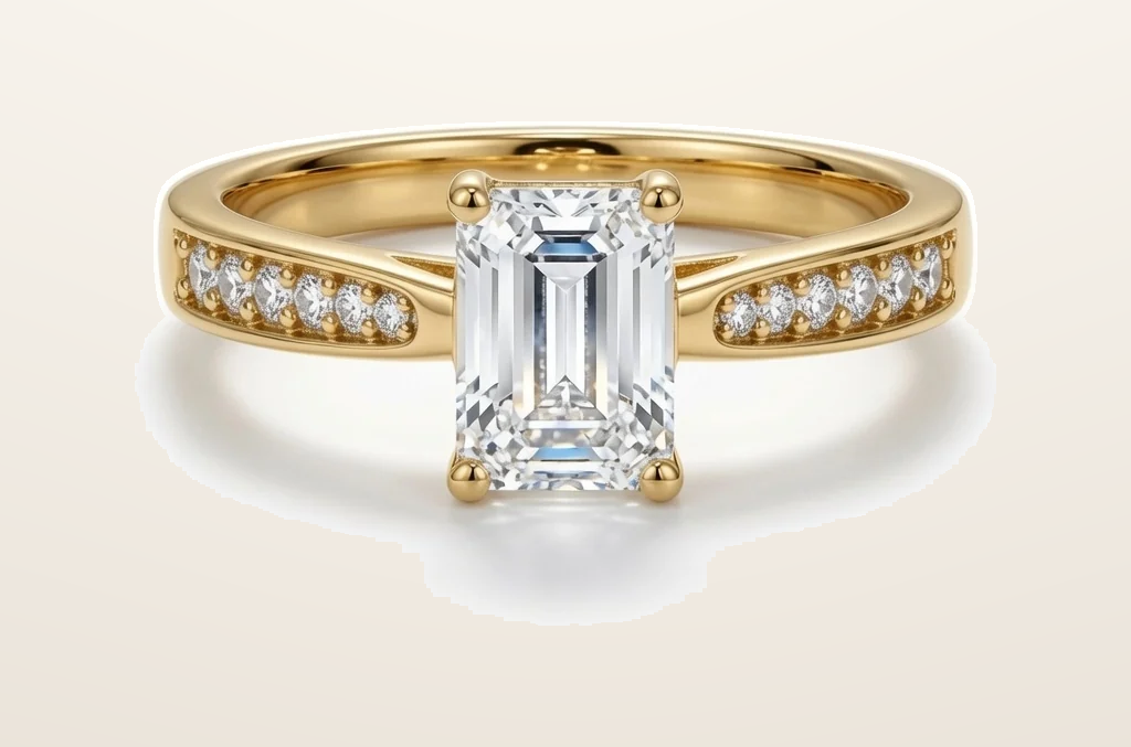 IT_ROLE:presentation_crop | 9ct Yellow Gold, 1.00ct Emerald Cut Cubic Zirconia Wed-fit Engagement Ring