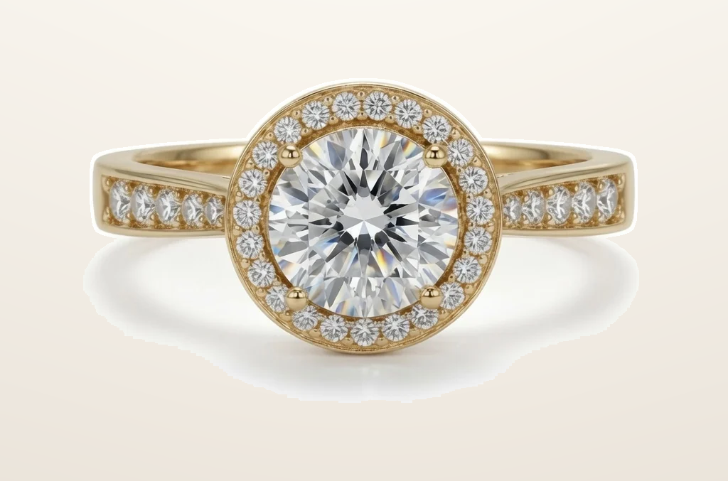 IT_ROLE:presentation_crop | 9ct Yellow Gold, 1.00ct Round Cubic Zirconia Wed-fit Halo Ring