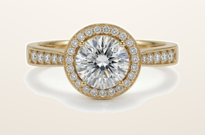 IT_ROLE:presentation_crop | 9ct Yellow Gold, 1.00ct Round Cubic Zirconia Wed-fit Halo Ring