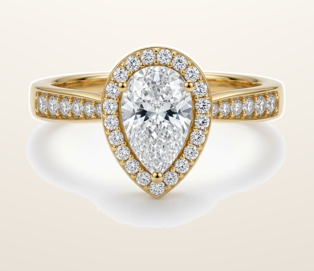 IT_ROLE:presentation_crop | 9ct Yellow Gold, 1.00ct Pear Shape Cubic Zirconia Wed-fit Halo Ring