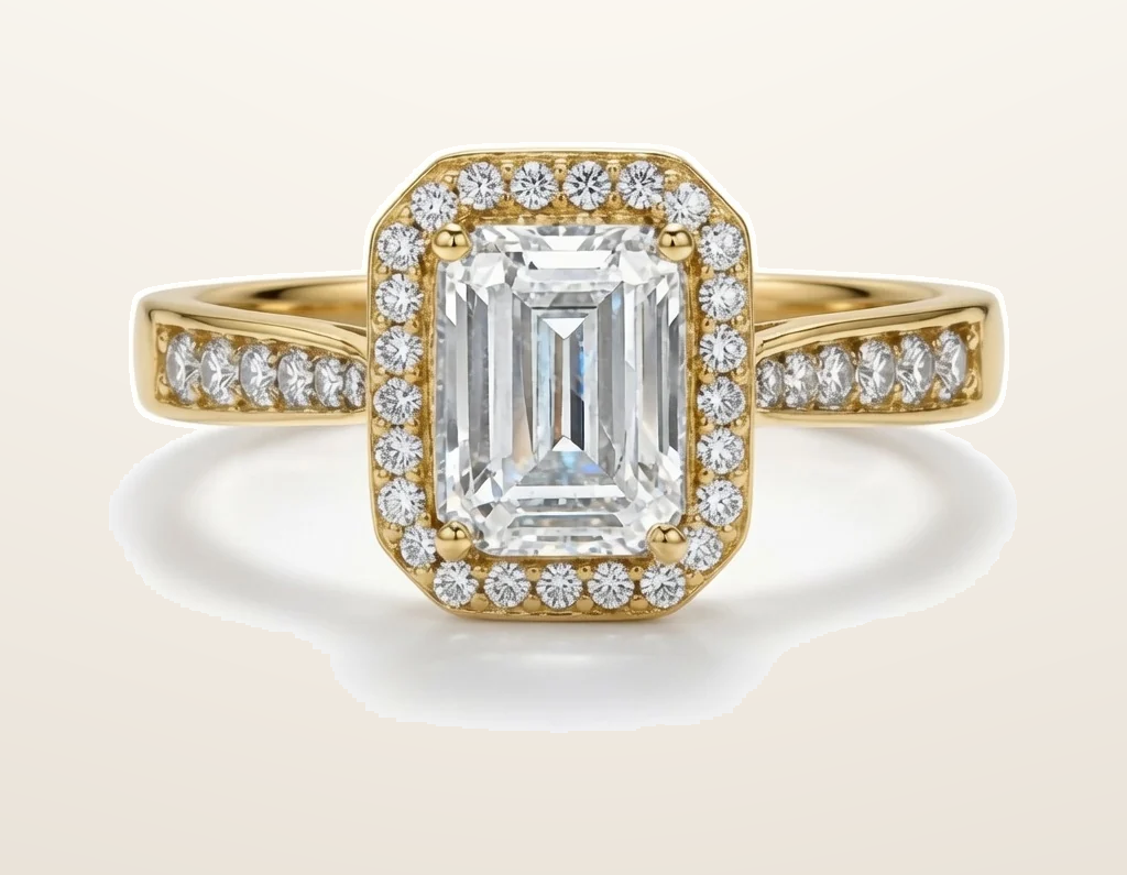 IT_ROLE:presentation_crop | 9ct Yellow Gold, 1.00ct Emerald Cut Cubic Zirconia Wed-fit Halo Ring