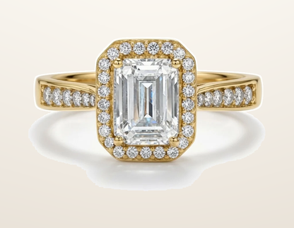 IT_ROLE:presentation_crop | 9ct Yellow Gold, 1.00ct Emerald Cut Cubic Zirconia Wed-fit Halo Ring