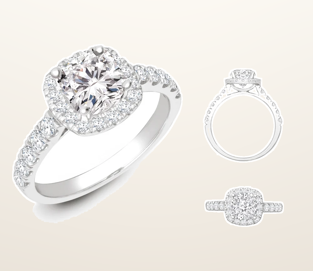 IT_ROLE:presentation_crop | Lab 950 Platinum Gold 0.33ct Diamond Micro-set Cushion-shaped Halo and Shoulders Wed-fit Ring Mount + 0.25ct Diamond