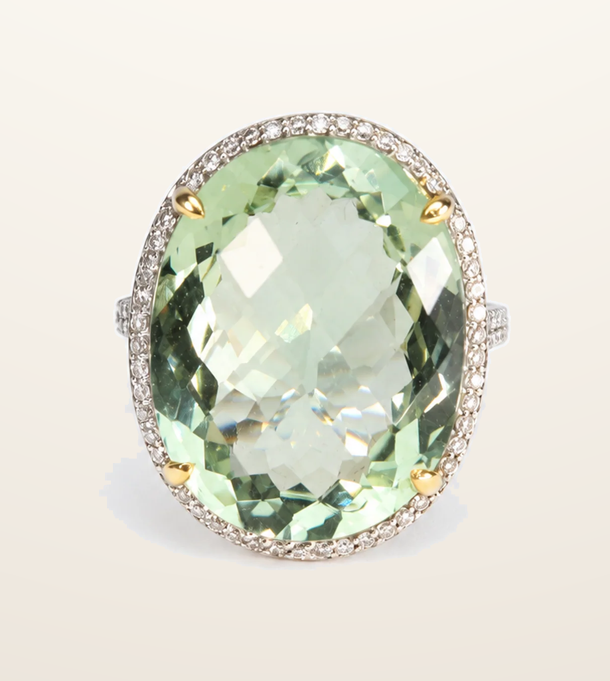 IT_ROLE:presentation_crop | 18ct White Gold Green Amethyst & Natural Diamond Halo Cocktail Ring