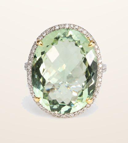IT_ROLE:presentation_crop | 18ct White Gold Green Amethyst & Natural Diamond Halo Cocktail Ring