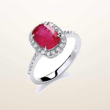 18ct White Gold 0.25ct Diamond, Cushion 1.9ct Ruby Ring – studio view – Imperial Time