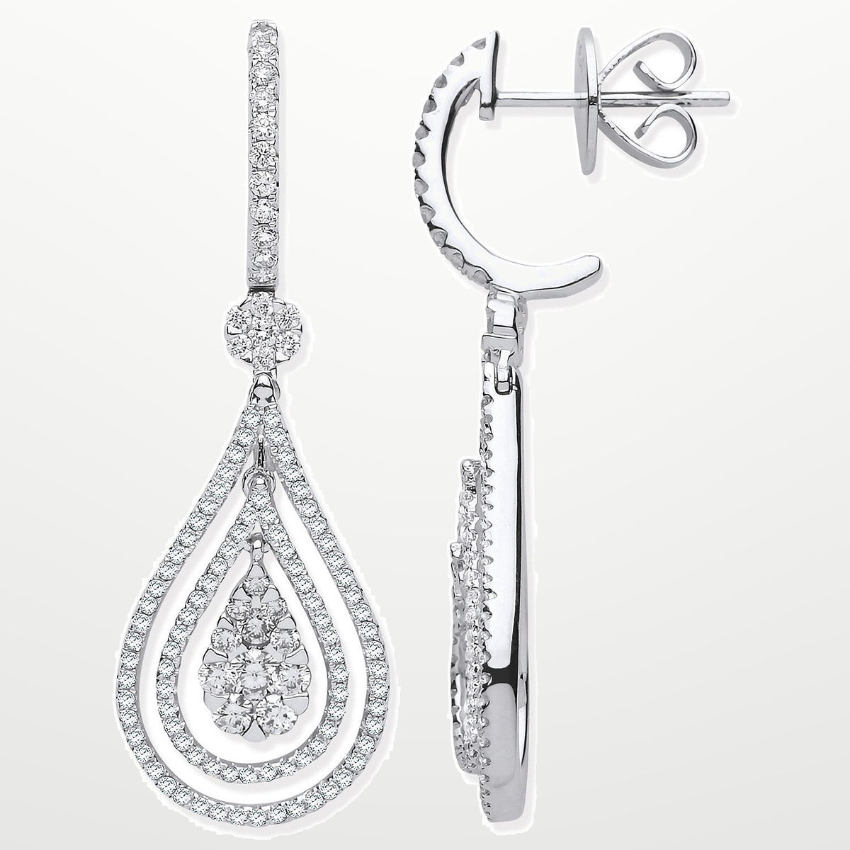 18ct White Gold 1.17ct Fancy Pear Shaped Grain Set Drop Earrings – studio view – Imperial Time