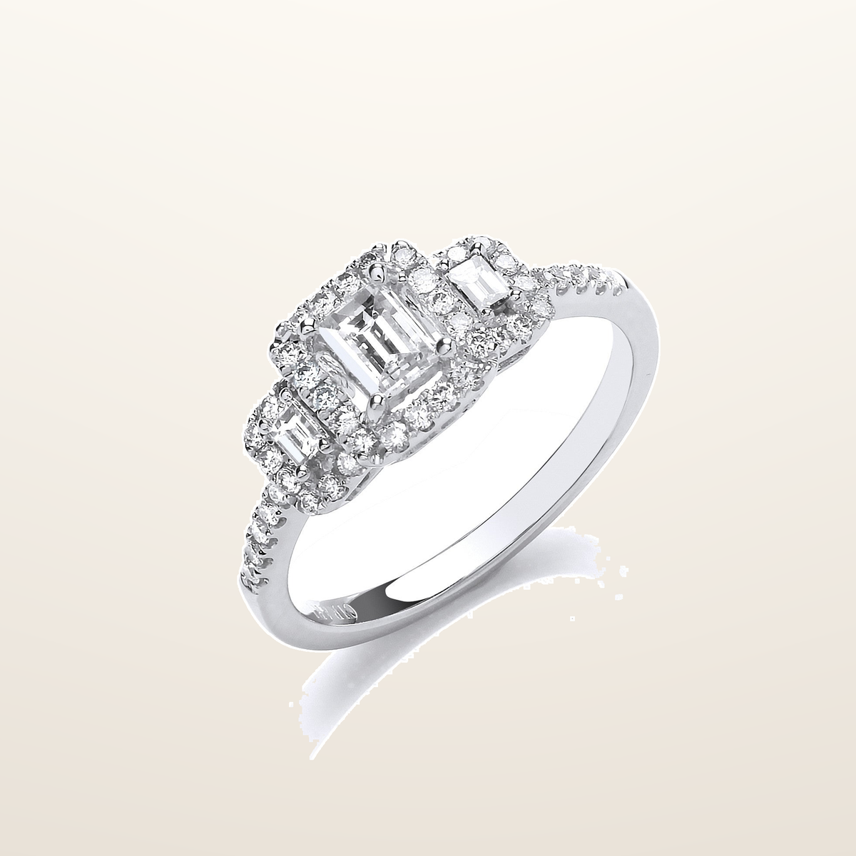 18ct White Gold Emerald Cut 0.75ct Halo style Trilogy Ring – Imperial Time studio view