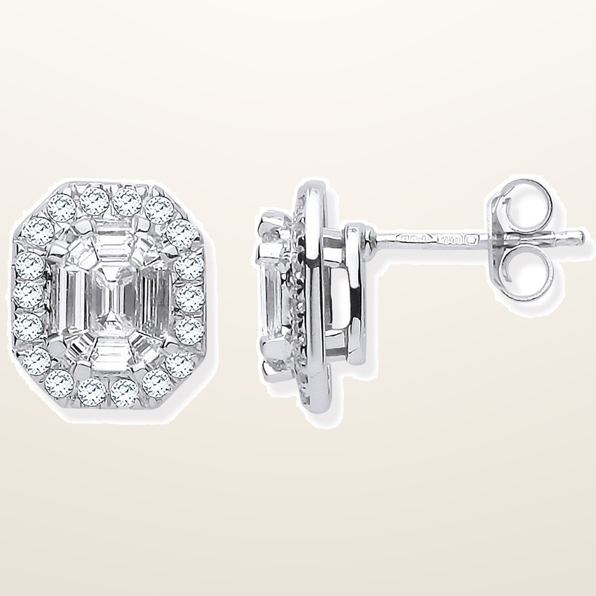 18ct White Gold Rd. Baguettes & Emerald Centre 1.40ctw Diamond Studs – studio view – Imperial Time
