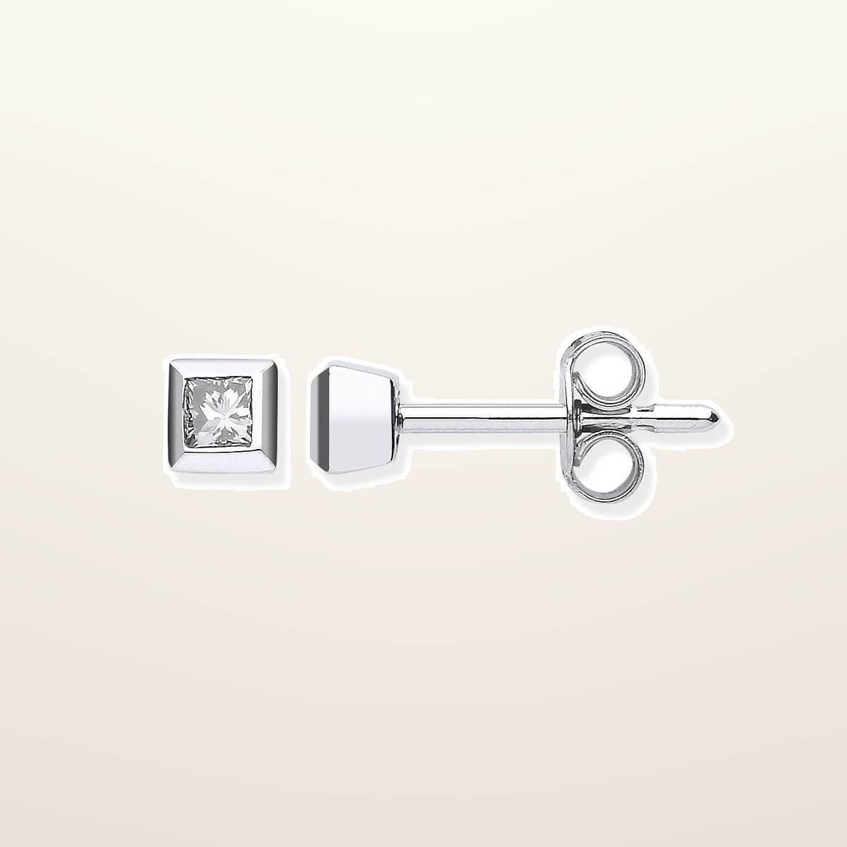 18ct White Gold 0.20ct Rubover Set Princess Cut Diamond Stud Earrings – studio view – Imperial Time