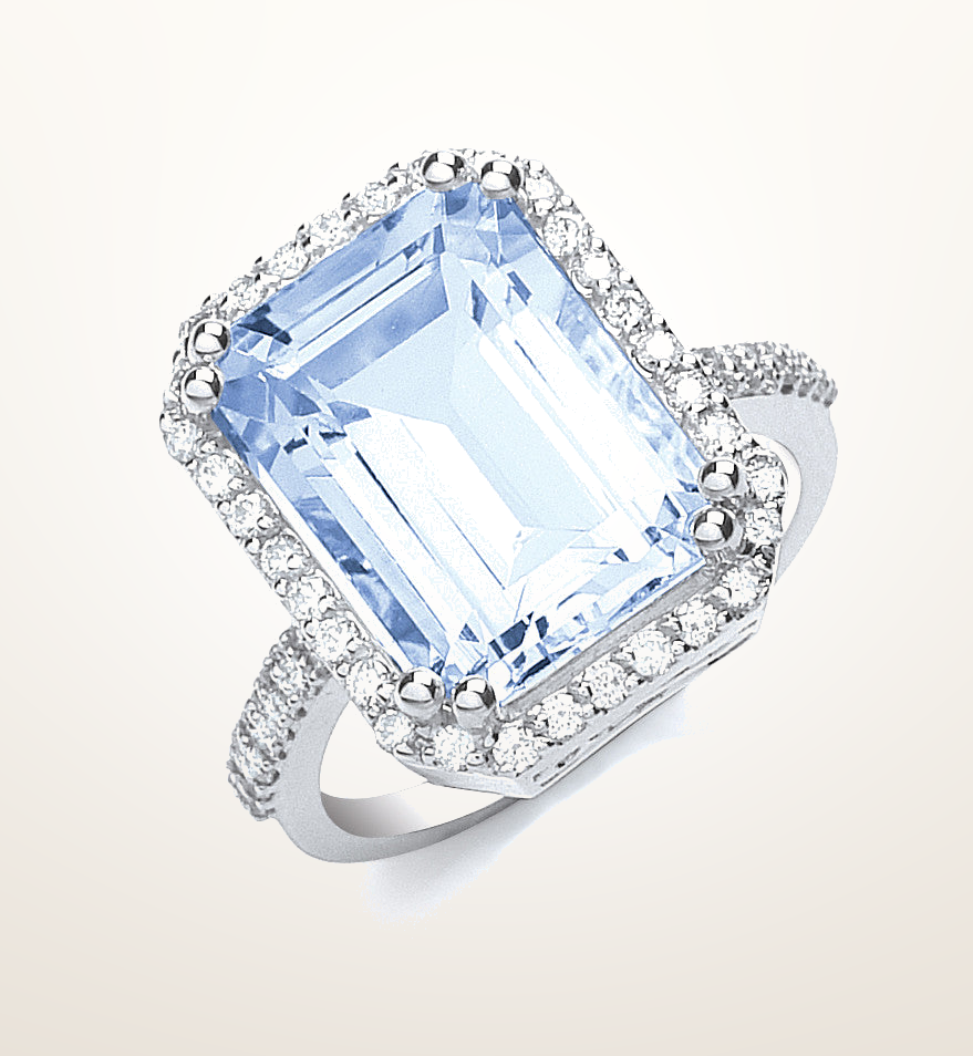 18ct White Gold 0.40ct Diamond & 6.25ct Aquamarine Ring – Imperial Time studio view