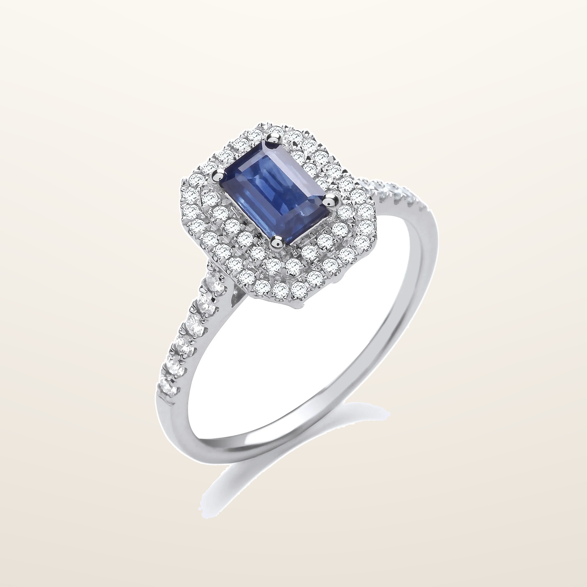 IT_ROLE:studio_clean | 9ct White Gold 0.30ct Double Halo Diamond 0.66ct Emerald Cut Sapphire Ring