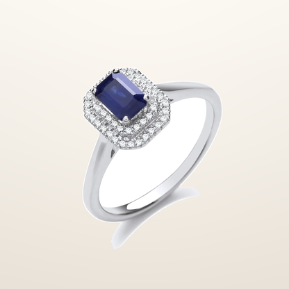 IT_ROLE:studio_clean | 9ct White Gold Double 0.10ctw Diamond Halo Ring with 0.70ct Emerald Cut Sapphire