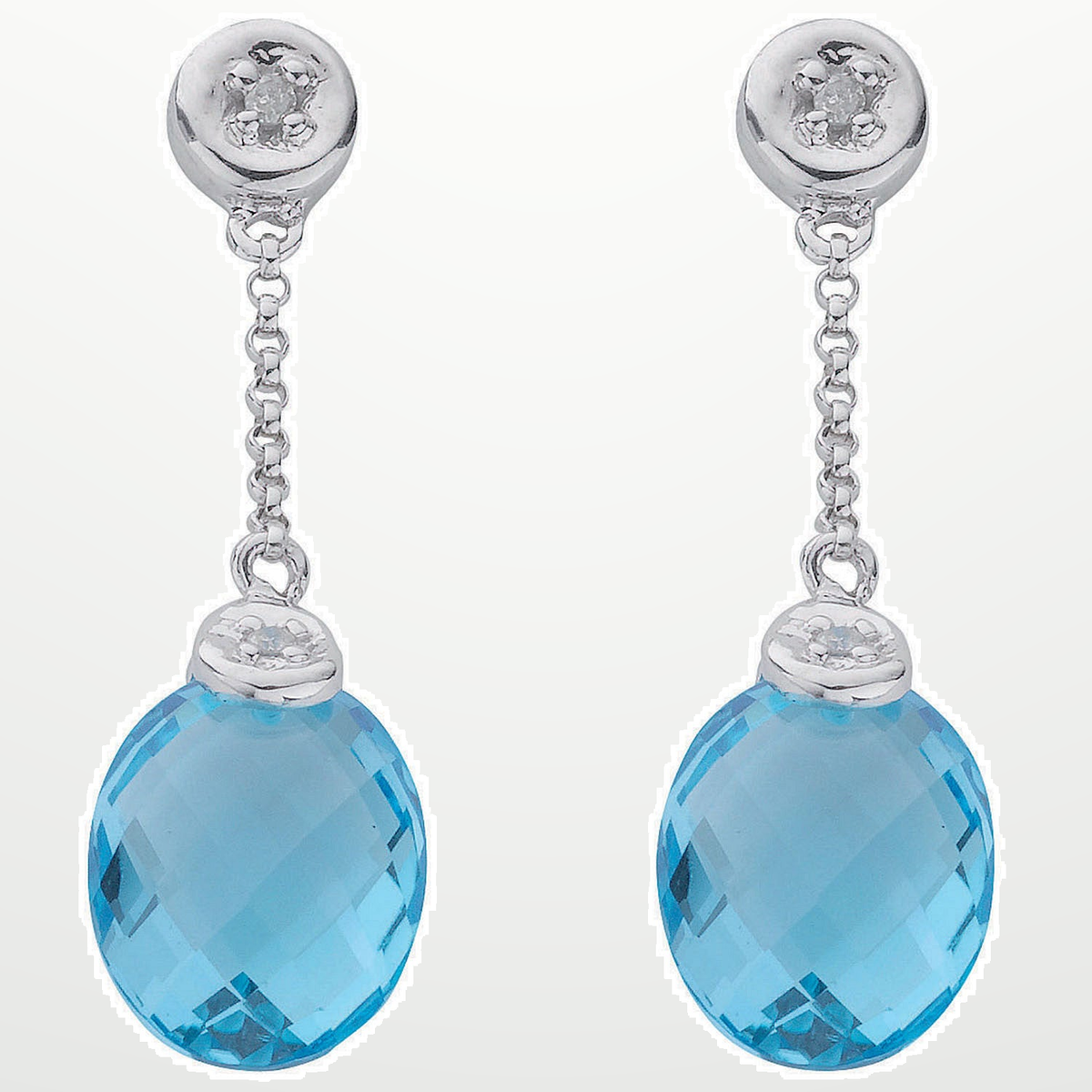 9ct White Gold 0.04ct Diamond & 6.93ct Blue Topaz Drop Earrings – studio view – Imperial Time