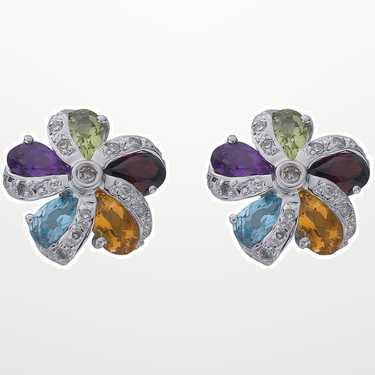 9ct White Gold 0.12ct Diamond & Multi Colour Gems Flower/Cluster Earrings – studio view – Imperial Time