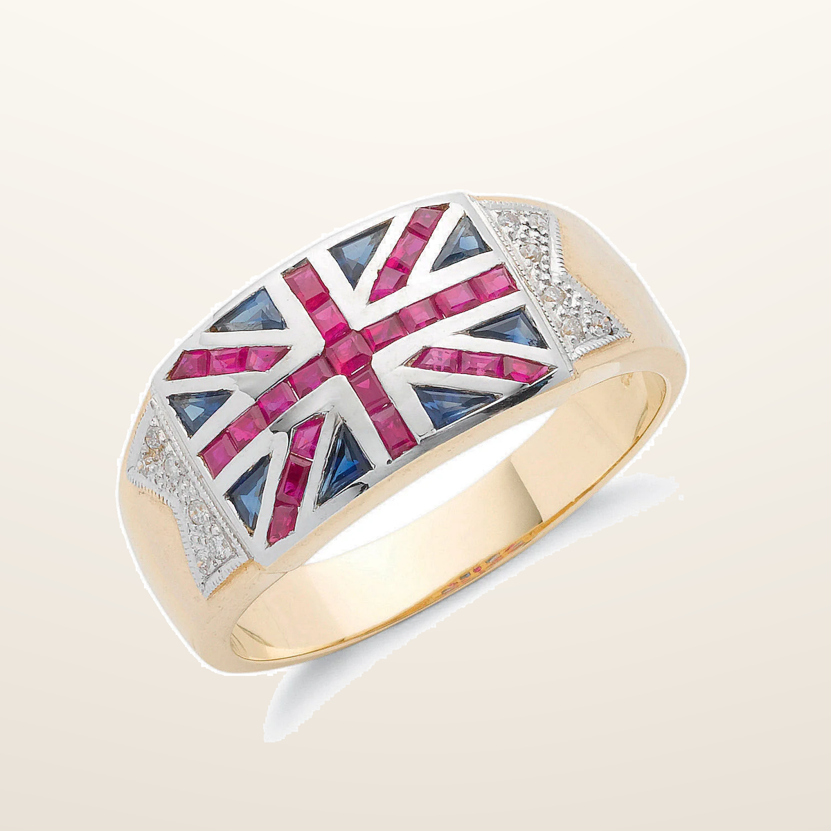 IT_ROLE:studio_clean | 9ct Yellow Gold 0.06ct Diamond 0.30ct Blue Sapphire &1.00ct Ruby Union Jack Ring
