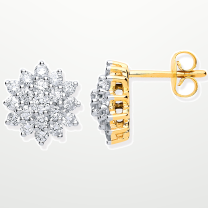 9ct Yellow Gold 1.00ct Diamond Cluster Stud Earrings – studio view – Imperial Time