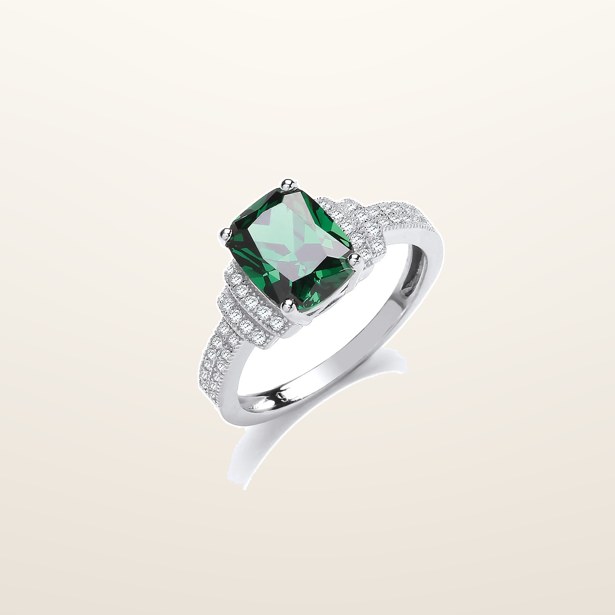 IT_ROLE:studio_clean | Emerald Cut Green Cubic Zirconia Centre with Clear Cubic Zirconia on Shoulder Silver Ring