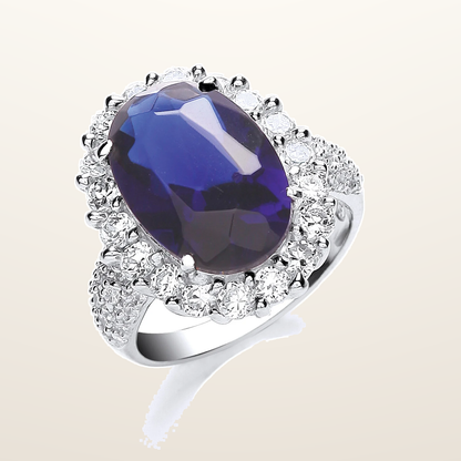 IT_ROLE:studio_clean | Silver Blue Oval S/S Cubic Zirconia with Cubic Zirconia Surrounding/Shld Ring