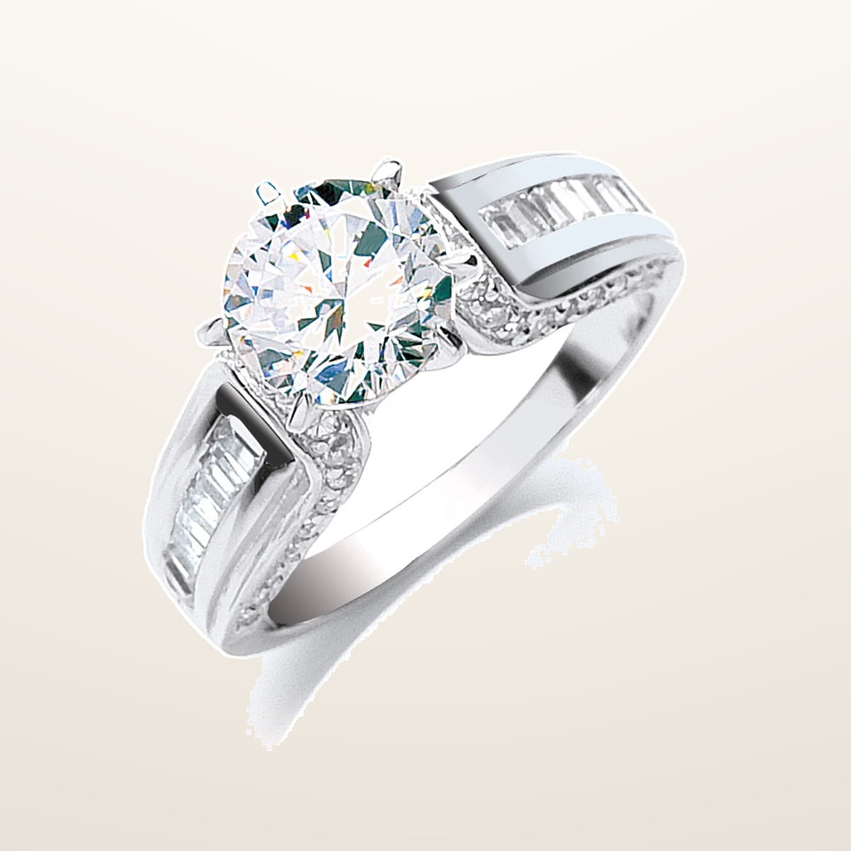 IT_ROLE:studio_clean | Silver Claw Set Cubic Zirconia Solitaire Baguette SidesRing