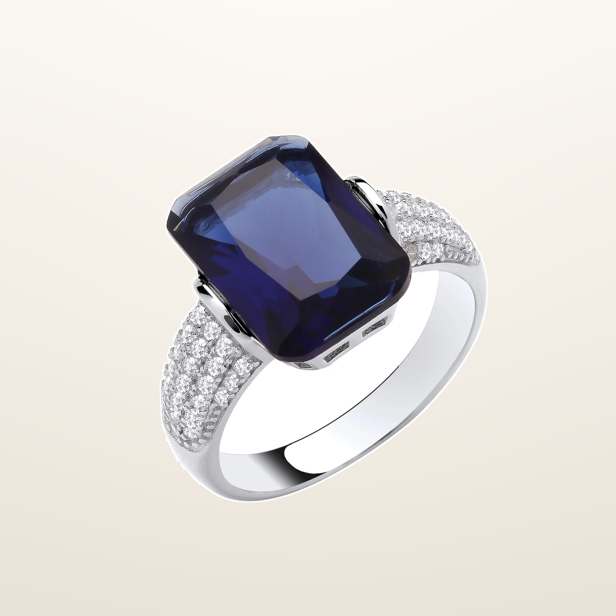 IT_ROLE:studio_clean | Silver Deep Blue Emerald Cut Cubic Zirconia Ring