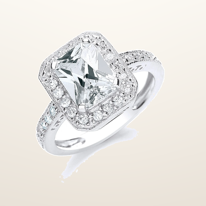IT_ROLE:studio_clean | Silver Emerald Cut with Cubic Zirconia Surrounding & Shoulders Ring