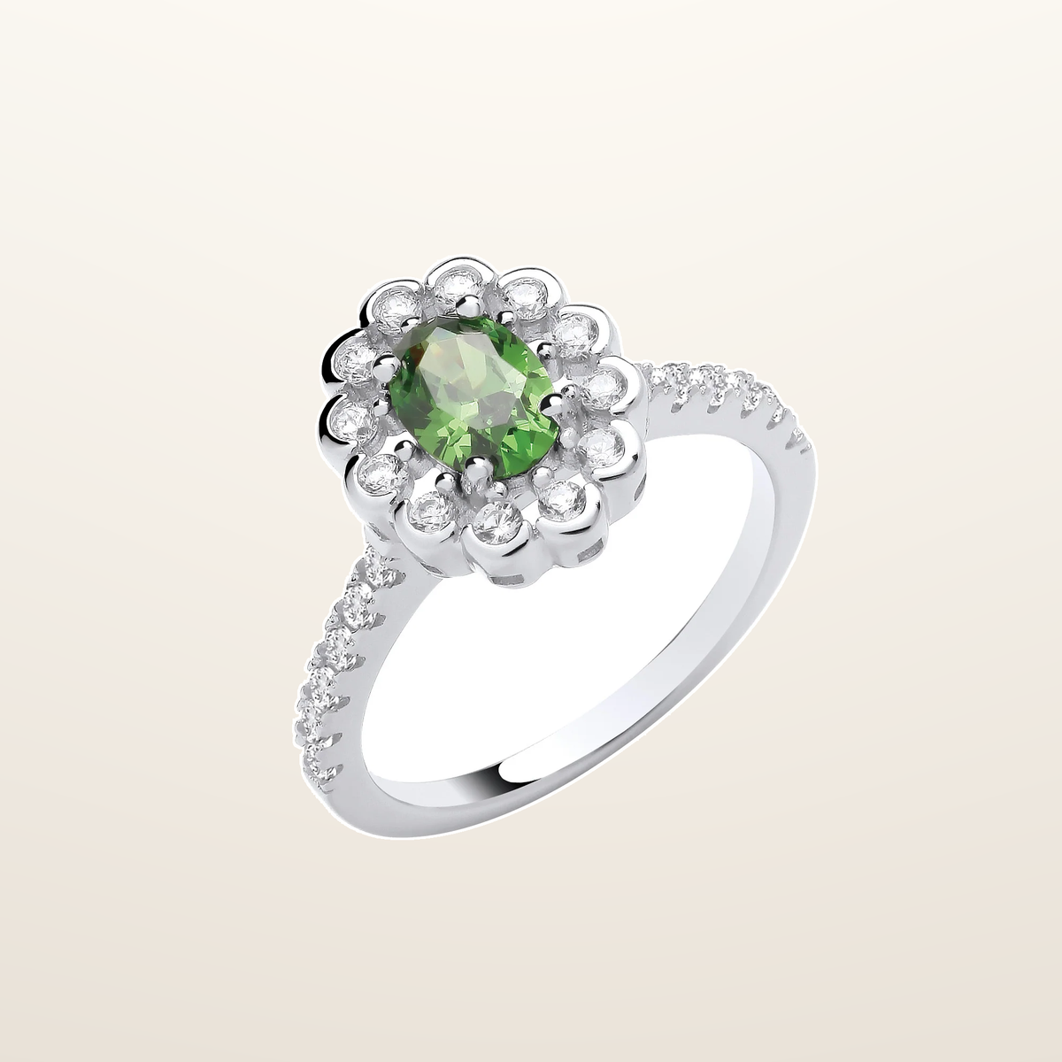 IT_ROLE:studio_clean | Silver Green Oval Cubic Zirconia Halo Ring