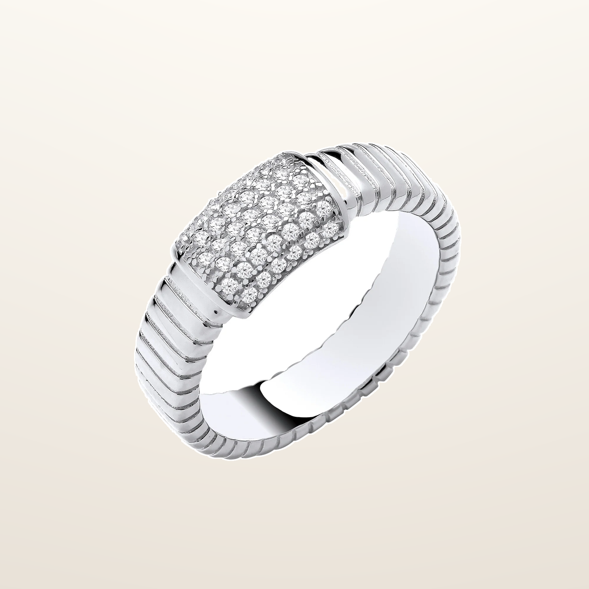 IT_ROLE:studio_clean | Silver Ribbed Link with Cubic Zirconia ID Plate Ring