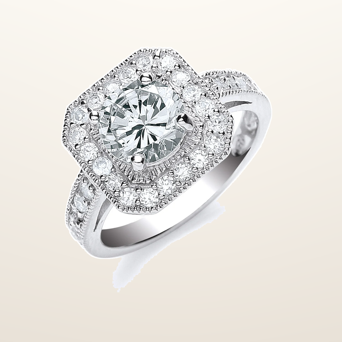 IT_ROLE:studio_clean | Silver Round Cut with Cubic Zirconia Surrounding & Shoulders Ring