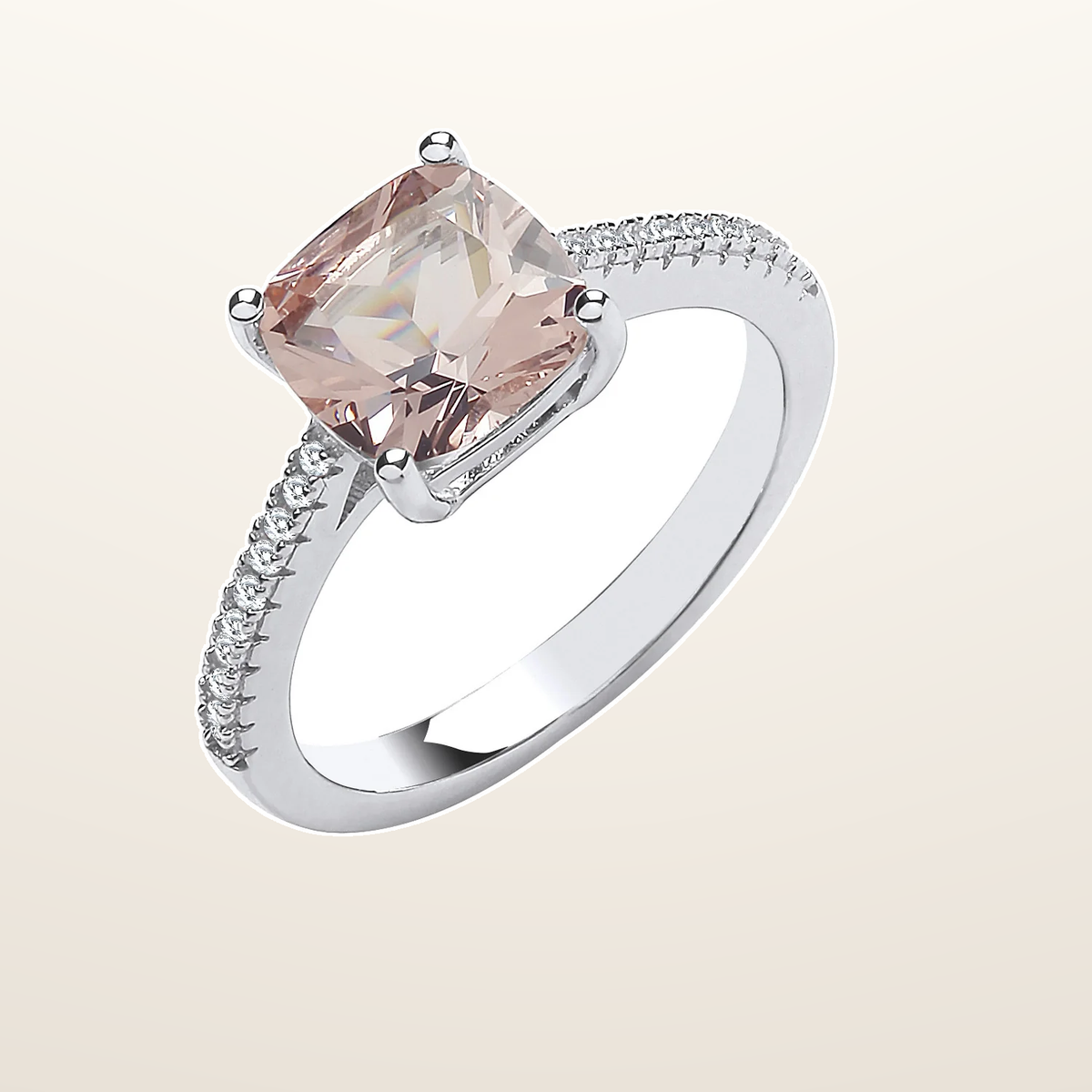 IT_ROLE:studio_clean | Silver Solitaire Synthetic Morganite & Cubic Zirconia Shoulder Ring