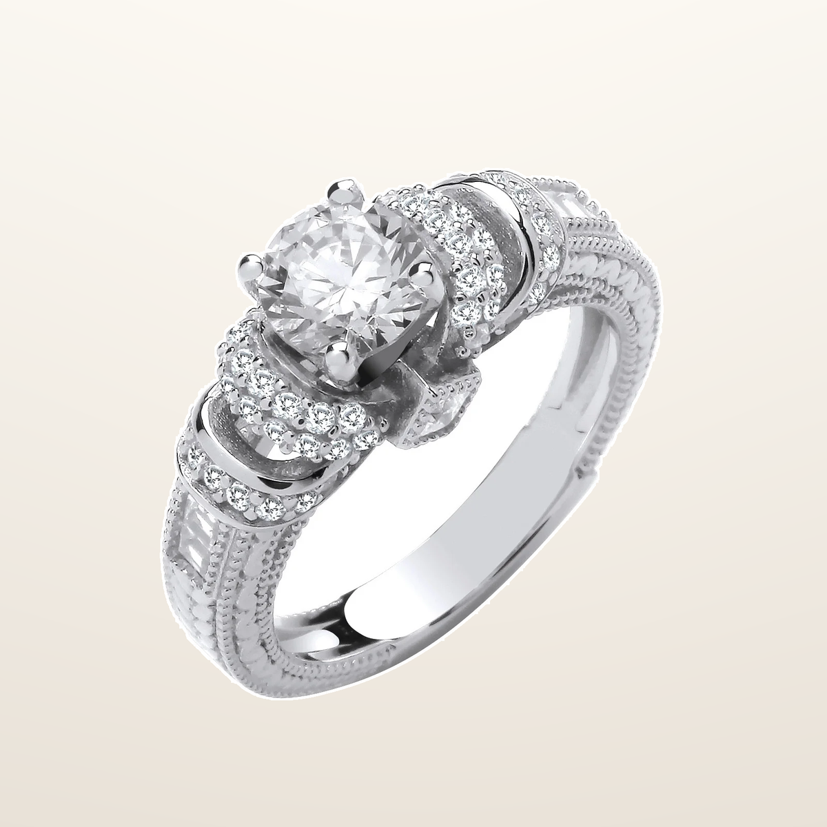 IT_ROLE:studio_clean | Silver Vintage Look, Milgrain Shank Solitaire Cubic Zirconia Ring