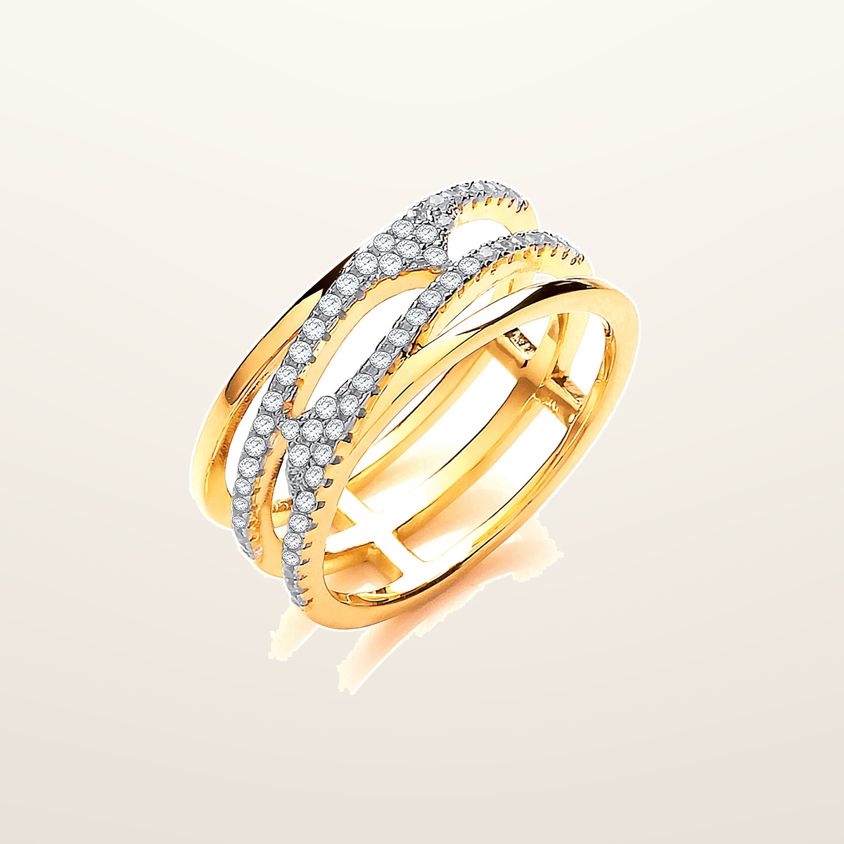 IT_ROLE:studio_clean | Yellow Gold Coated Silver, Three Row, Micro Pave Cubic Zirconia Ring
