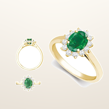 IT_ROLE:studio_clean | 18ct Yellow Gold 0.35ct Natural Diamond Claw-set Cluster Halo Oval Ring - Holds 7x5mm Aquamarine 0.75cts