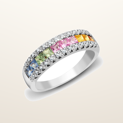 IT_ROLE:studio_clean | 18ct White Gold Natural Diamond And Multi Coloured Sapphires Ring