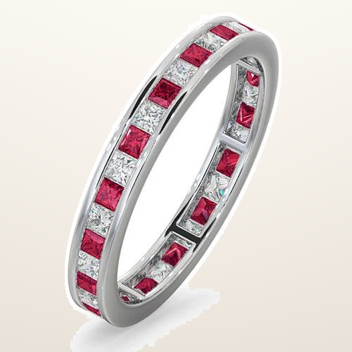 IT_ROLE:studio_clean | 18ct White Gold Channel Set Princess Cut Full Eternity Ring Natural Diamond 0.50ct Ruby 0.60ct G VS
