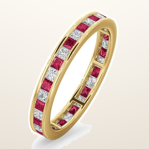 IT_ROLE:studio_clean | 18ct Yellow Gold Channel Set Princess Cut Full Eternity Ring Natural Diamond 0.50ct Ruby 0.60ct G VS