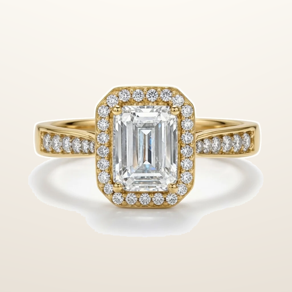 IT_ROLE:studio_clean | 9ct Yellow Gold, 1.00ct Emerald Cut Cubic Zirconia Wed-fit Halo Ring