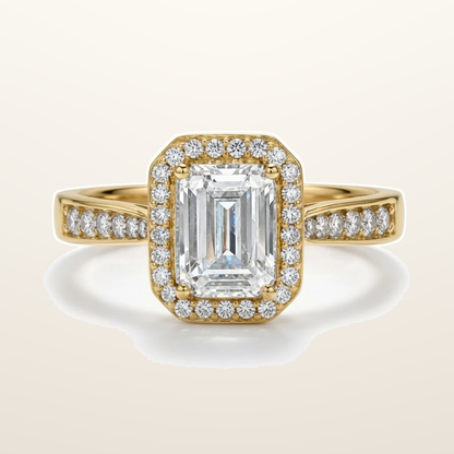 IT_ROLE:studio_clean | 9ct Yellow Gold, 1.00ct Emerald Cut Cubic Zirconia Wed-fit Halo Ring
