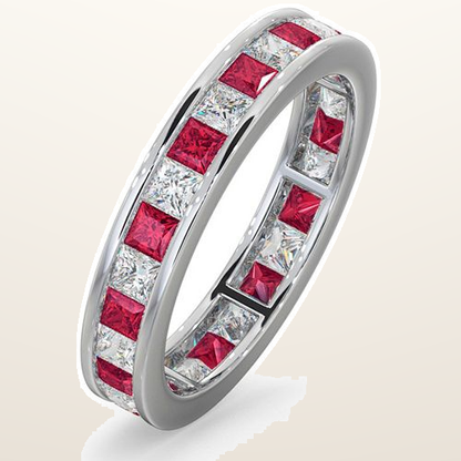 IT_ROLE:studio_clean | Platinum Channel Set Princess Cut Full Eternity Ring Natural Diamond 0.50ct Ruby 0.60ct G VS