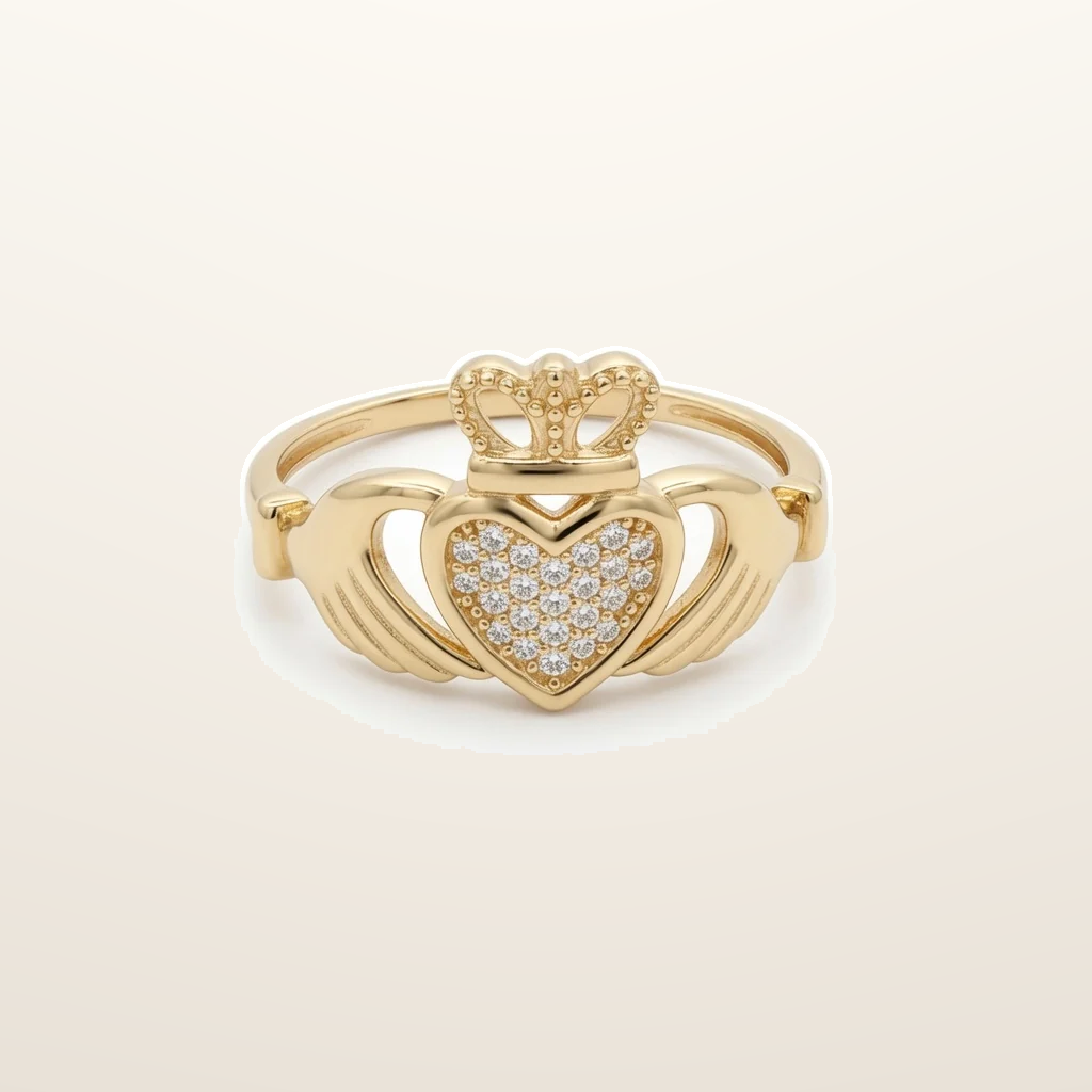 IT_ROLE:studio_clean | 9ct Yellow Gold Cubic Zirconia Claddagh Heart Crown Ring