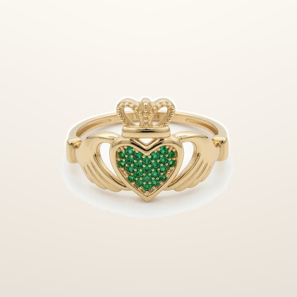 IT_ROLE:studio_clean | 9ct Yellow Gold Green Cubic Zirconia Claddagh Heart Crown Ring