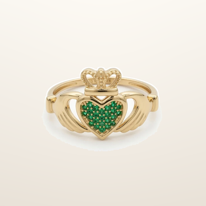 IT_ROLE:studio_clean | 9ct Yellow Gold Green Cubic Zirconia Claddagh Heart Crown Ring